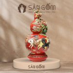 Hồ lô mã đáo thành công men đỏ đắp nổi vẽ vàng SG-HL12