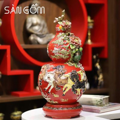 Hồ lô mã đáo thành công men đỏ đắp nổi vẽ vàng SG-HL12