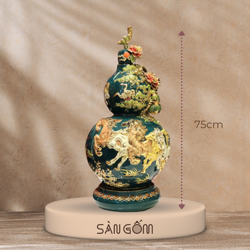 Bình hồ lô mã đáo thành công men xanh cổ vịt đắp nổi SG-HL13
