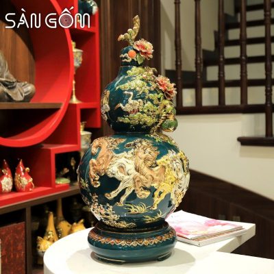 Bình hồ lô mã đáo thành công men xanh cổ vịt đắp nổi SG-HL13