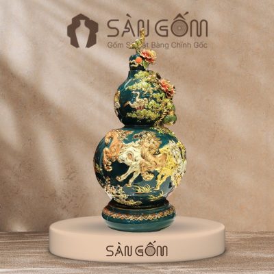 Bình hồ lô mã đáo thành công men xanh cổ vịt đắp nổi SG-HL13