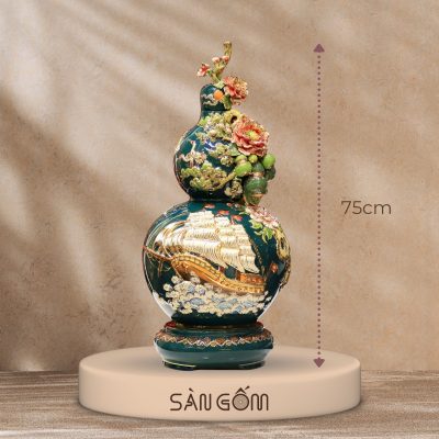 Bình hồ lô thuận buồm xuôi gió men xanh cổ vịt đắp nổi SG-HL10