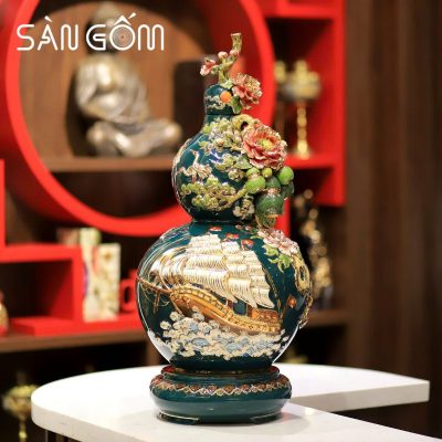 Bình hồ lô Bát Tràng màu xanh cổ vịt họa tiết thuận buồm xuôi gió đắp nổi SG-HL10