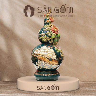 Bình hồ lô Bát Tràng màu xanh cổ vịt họa tiết thuận buồm xuôi gió đắp nổi SG-HL10