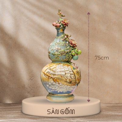 Bình hồ lô Bát Tràng họa tiết thuận buồm xuôi gió men loang màu đắp nổi vẽ vàng SG-HL19