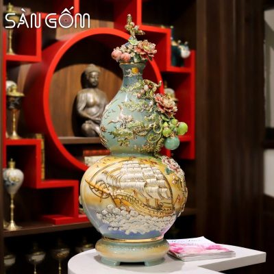 Bình hồ lô Bát Tràng họa tiết thuận buồm xuôi gió men loang màu đắp nổi vẽ vàng SG-HL19