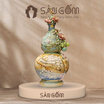 Bình hồ lô Bát Tràng họa tiết thuận buồm xuôi gió men loang màu đắp nổi vẽ vàng SG-HL19