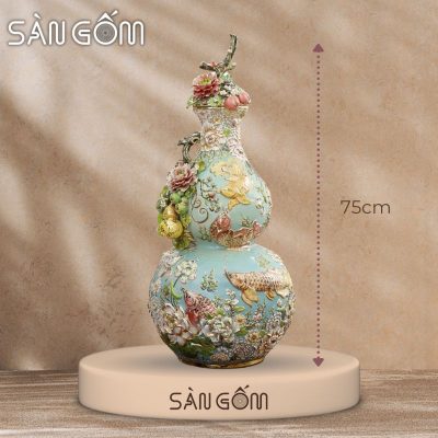 Bình hồ lô họa tiết cá rồng gốm Bát Tràng màu xanh ngọc đắp nổi SG-HL20