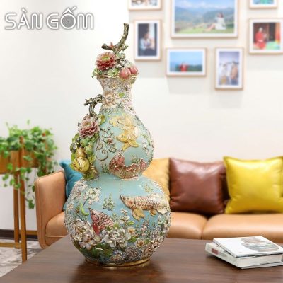 Bình hồ lô họa tiết cá rồng gốm Bát Tràng màu xanh ngọc đắp nổi SG-HL20