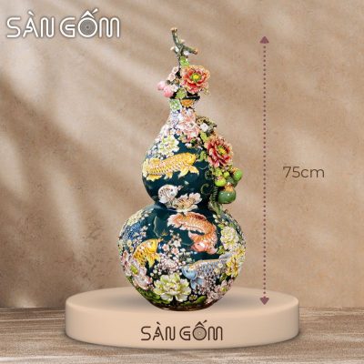 Bình hồ lô kim long ngàn hoa vân mây men xanh cổ vịt đắp nổi SG-HL23