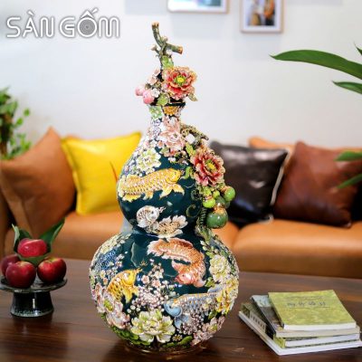 Bình hồ lô kim long ngàn hoa vân mây men xanh cổ vịt đắp nổi SG-HL23