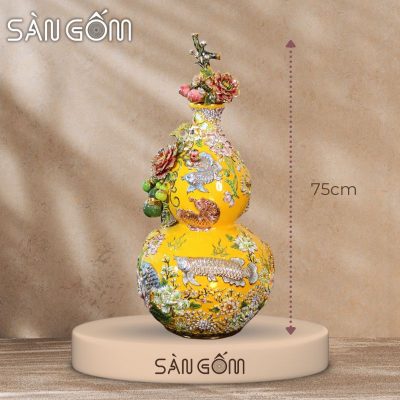 Bình hồ lô kim long ngàn hoa gốm Bát Tràng men vàng đắp nổi SG-HL24