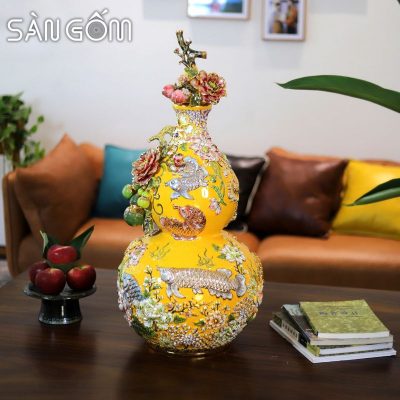 Bình hồ lô kim long ngàn hoa gốm Bát Tràng men vàng đắp nổi SG-HL24