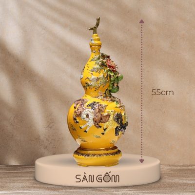 Bình hồ lô họa tiết mã đáo thành công men vàng đắp nổi vẽ vàng kim SG-HL16