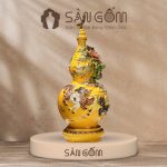 Bình hồ lô họa tiết mã đáo thành công men vàng đắp nổi vẽ vàng kim SG-HL16