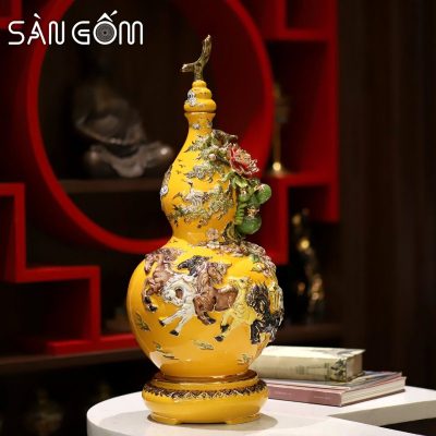 Bình hồ lô họa tiết mã đáo thành công men vàng đắp nổi vẽ vàng kim SG-HL16