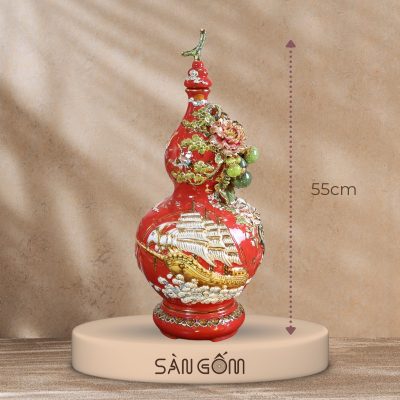 Bình hồ lô Bát Tràng thuận buồm xuôi gió men đỏ đắp nổi vẽ vàng SG-HL17