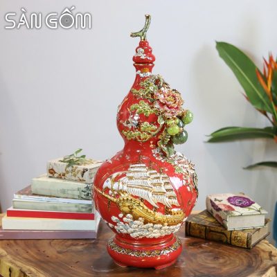Bình hồ lô Bát Tràng thuận buồm xuôi gió men đỏ đắp nổi vẽ vàng SG-HL17