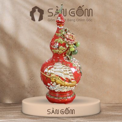 Bình hồ lô Bát Tràng thuận buồm xuôi gió men đỏ đắp nổi vẽ vàng SG-HL17
