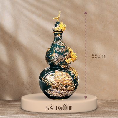 Bình hồ lô thuận buồm xuôi gió men xanh cổ vịt đắp nổi vàng kim SG-HL14