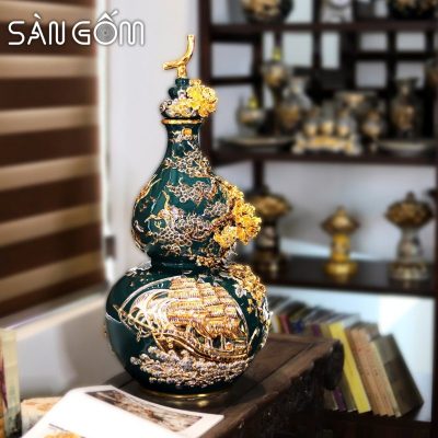 Bình hồ lô thuận buồm xuôi gió men xanh cổ vịt đắp nổi vàng kim SG-HL14
