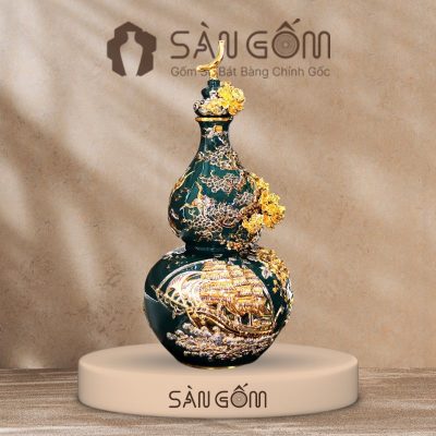 Bình hồ lô thuận buồm xuôi gió men xanh cổ vịt đắp nổi vàng kim SG-HL14