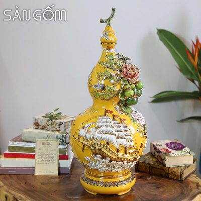 Bình hồ lô họa tiết thuận buồm hoàng kim men vàng đắp nổi SG-HL18