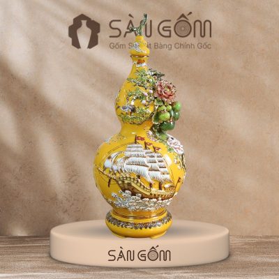 Bình hồ lô họa tiết thuận buồm hoàng kim men vàng đắp nổi SG-HL18