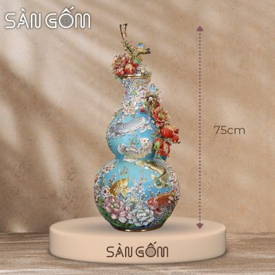 Bình hồ lô kim long ngàn hoa vân mây men xanh ngọc đắp nổi SG-HL44