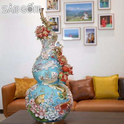 Bình hồ lô kim long ngàn hoa vân mây men xanh ngọc đắp nổi SG-HL44