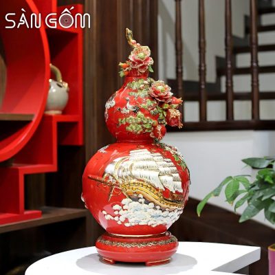 Bình hồ lô thuận buồm vạn lộc men đỏ vẽ vàng đắp nổi SG-HL31