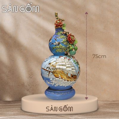 Bình hồ lô thuận buồm xuôi gió men xanh lam vẽ vàng đắp nổi SG-HL25