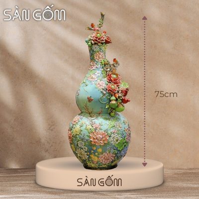 Bình hồ lô bách hoa phú quý men xanh ngọc bích đắp nổi SG-HL30
