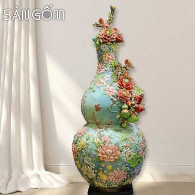 Bình hồ lô bách hoa phú quý men xanh ngọc bích đắp nổi SG-HL30