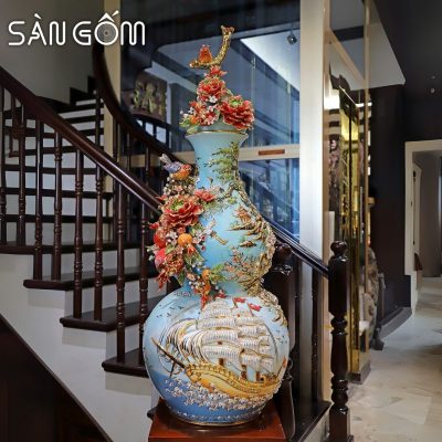 Bình hồ lô thuận buồm cát tường men xanh lam vẽ vàng đắp nổi SG-HL32