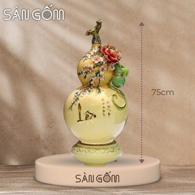 Bình hồ lô họa tiết trăm hoa đua nở chữ Lộc vẽ vàng đắp nổi men vàng hanh SG-HL39