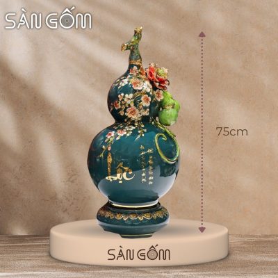Bình hồ lô họa tiết hoa đào chữ Lộc vẽ vàng đắp nổi men xanh cổ vịt SG-HL40