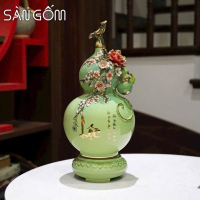 Bình hồ lô trăm hoa đua nở men xanh lá chữ lộc vẽ vàng SG-HL36