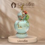 Bình hồ lô trăm hoa đua nở men xanh ngọc chữ lộc vẽ vàng SG-HL35