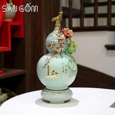 Bình hồ lô trăm hoa đua nở men xanh ngọc chữ lộc vẽ vàng SG-HL35