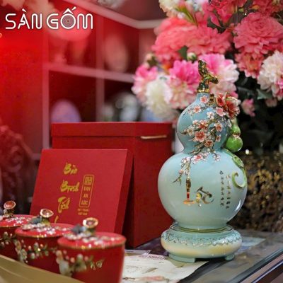 Bình hồ lô trăm hoa đua nở men xanh ngọc chữ lộc vẽ vàng SG-HL35