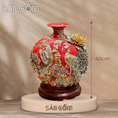 Bình hút lộc công đào kênh bong men đỏ đắp nổi vẽ vàng SG-BHL170