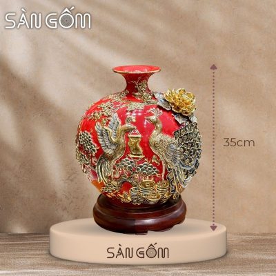 Bình hút lộc công đào kênh bong men đỏ đắp nổi vẽ vàng SG-BHL170