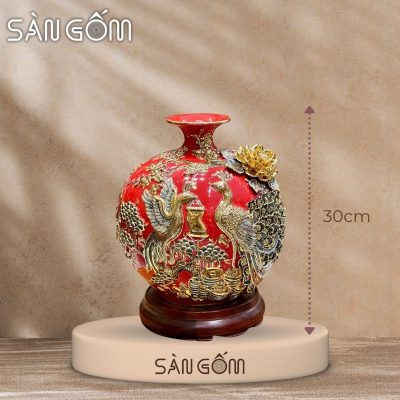 Bình hút lộc công đào kênh bong men đỏ đắp nổi vẽ vàng SG-BHL170