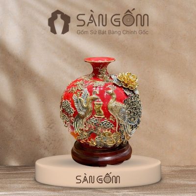 Bình hút lộc công đào kênh bong men đỏ đắp nổi vẽ vàng SG-BHL170
