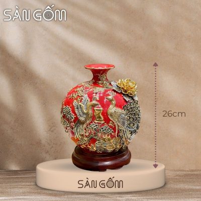 Bình hút lộc công đào kênh bong men đỏ đắp nổi vẽ vàng SG-BHL170