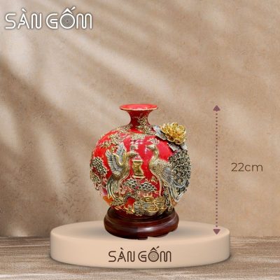 Bình hút lộc công đào kênh bong men đỏ đắp nổi vẽ vàng SG-BHL170