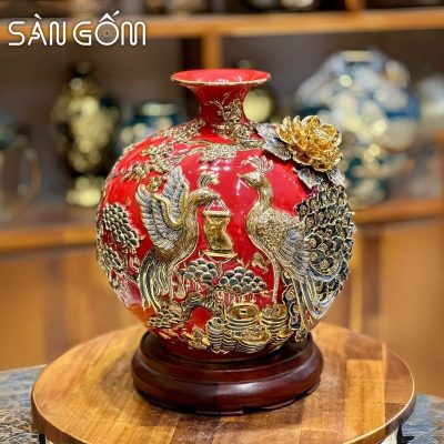 Bình hút lộc công đào kênh bong men đỏ đắp nổi vẽ vàng SG-BHL170