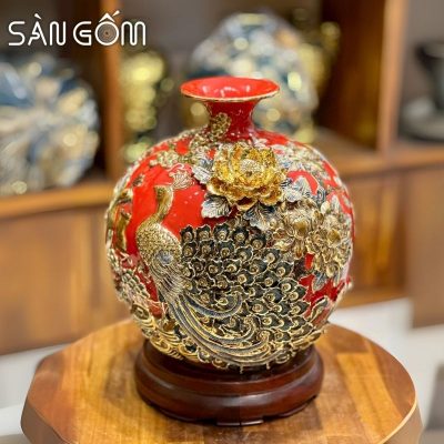 Bình hút lộc công đào kênh bong men đỏ đắp nổi vẽ vàng SG-BHL170