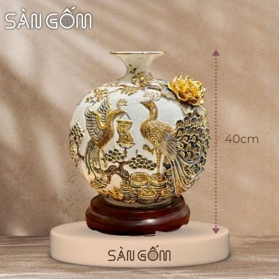 Bình hút lộc công đào đắp kênh men trắng đắp nổi vẽ vàng SG-BHL166
